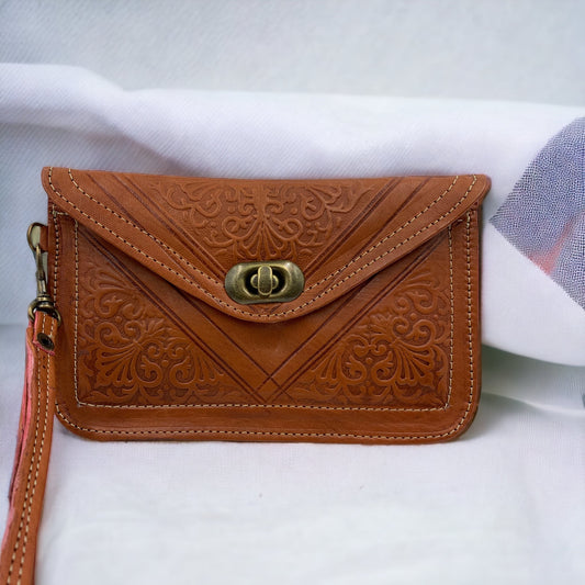 Large artisanal leather purse orange