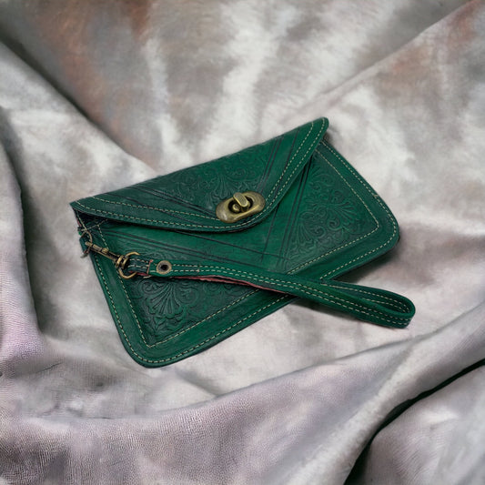 Large green handmade leather purse