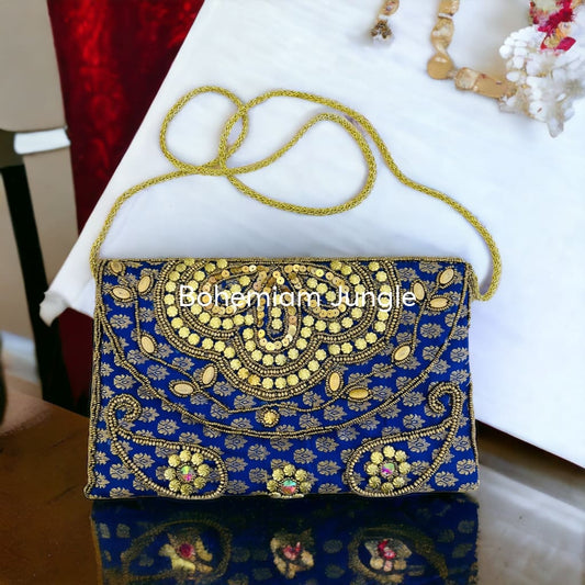 Bolso Indio Bordado Con Apliques Dorados Handmade Azul